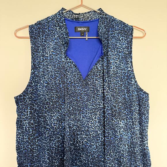 DKNY Womens Dress 12 Blue Pleated Animal Print Tie Neck Mini Office Modest - Picture 3 of 9